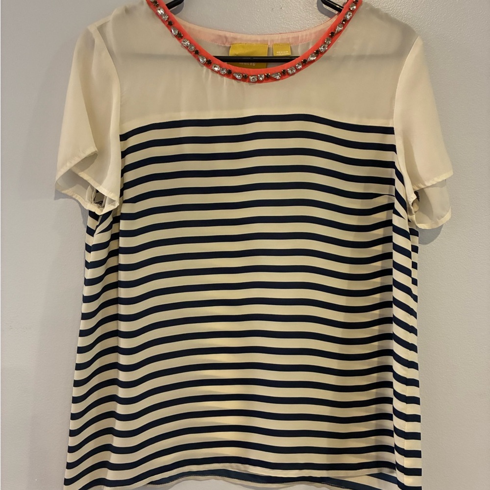 Anthropologie Cream and Navy Striped Blouse with Red Embellished Collar